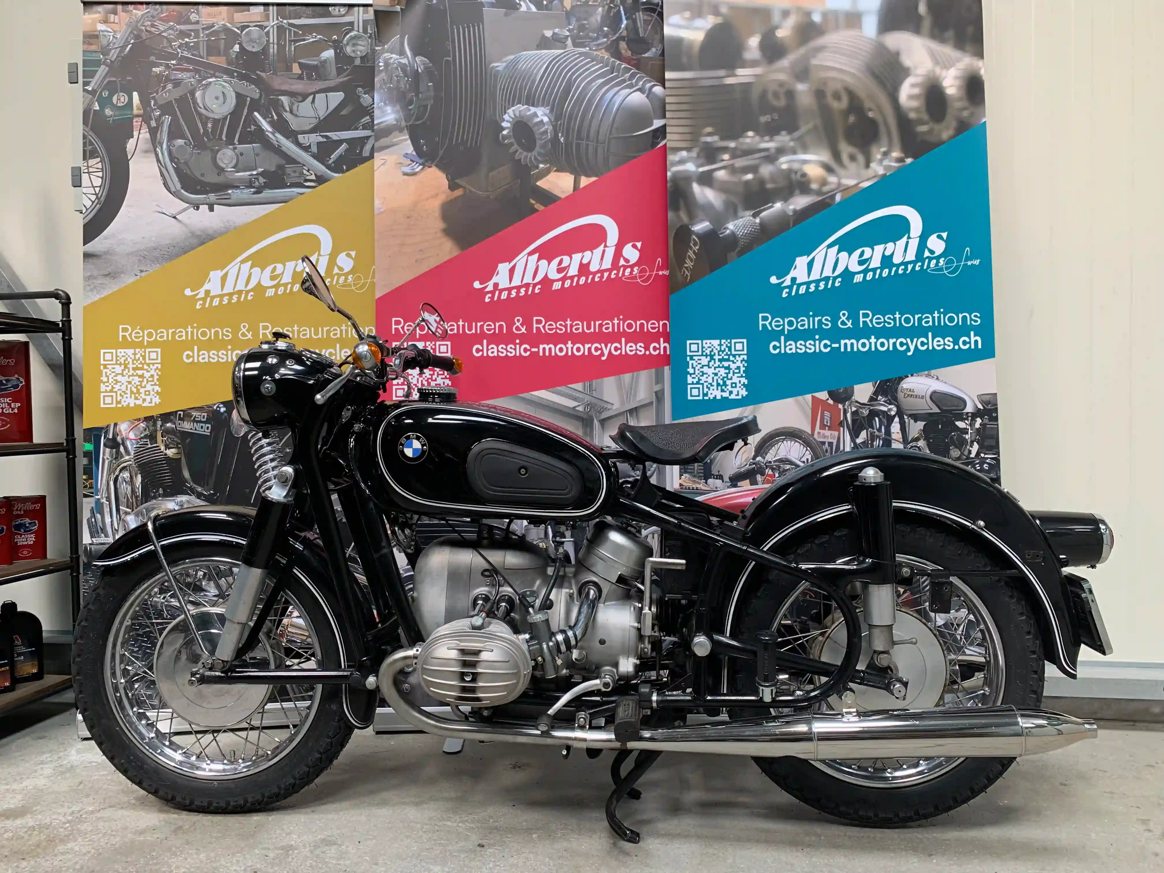 Restored BMW R60 in the workshop at Albertis Classic Motorcycles